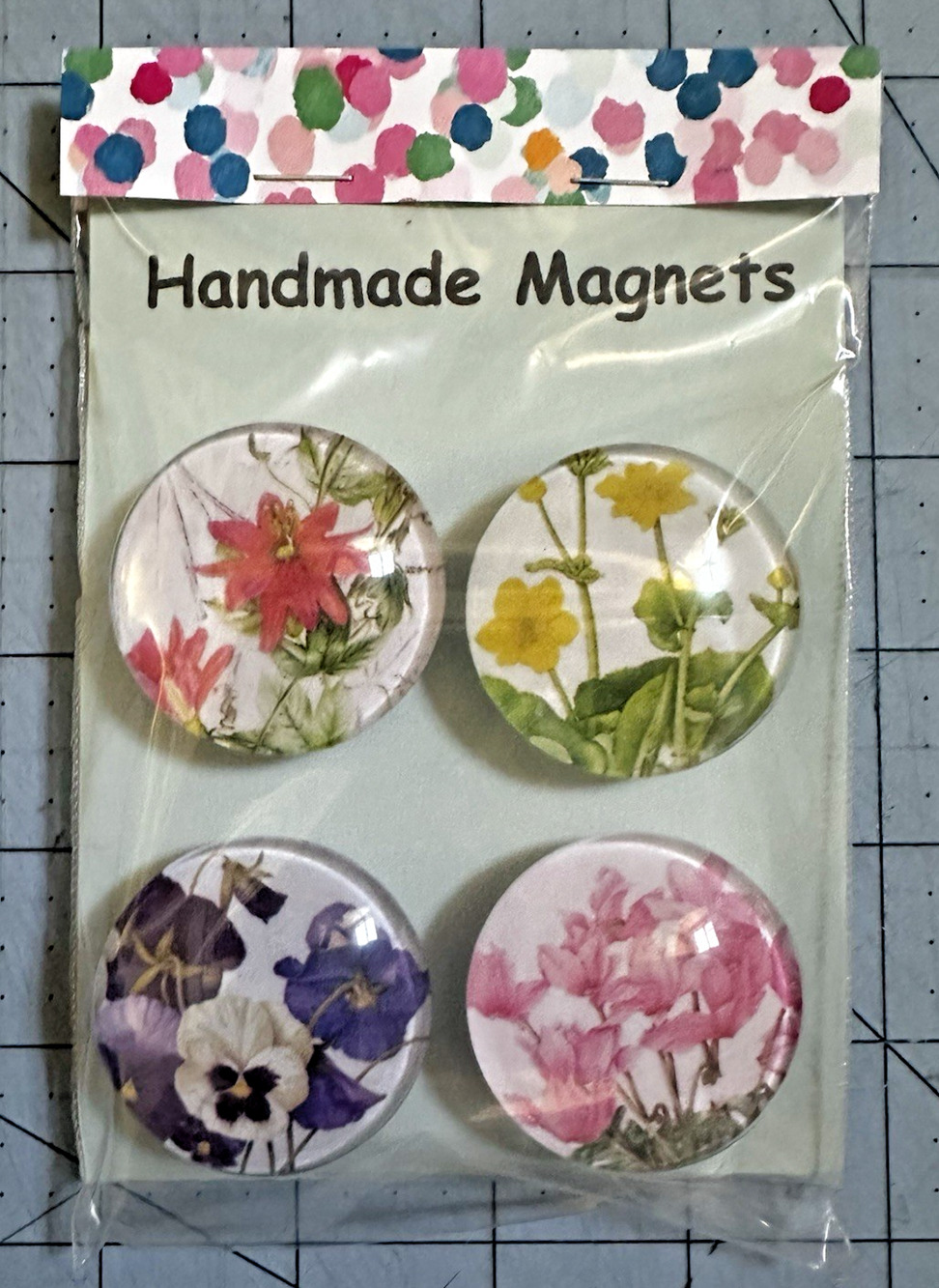 4 Pack Handmade Floral Refrigerator Magnets Heavy Duty 1.5" Round